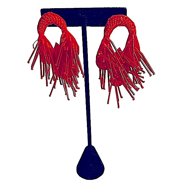 Panacea Beaded Orange Tassel Stud Hoop Drop Dangle Fringe Trendy Earrings